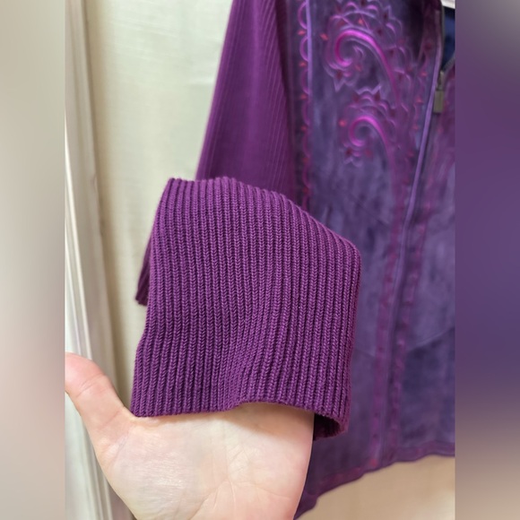 Bob Mackie Wearable Art Purple Suede Embroidered Zip Jacket Women’s Large Boho - Picture 3 of 7